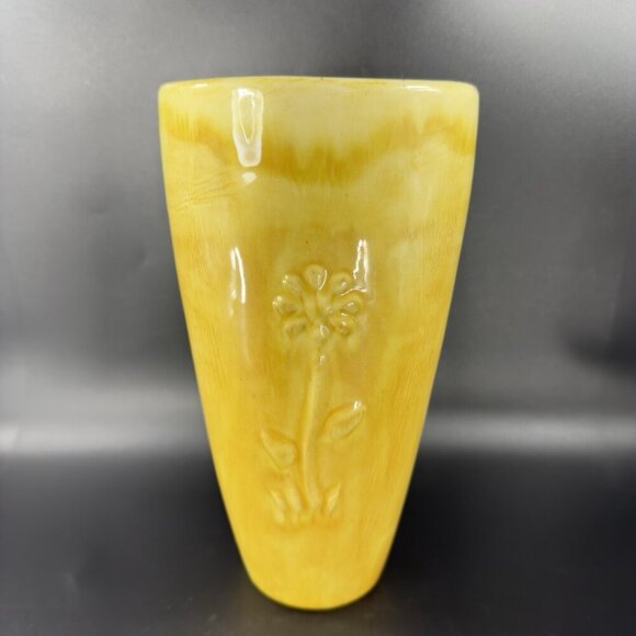 Antique Tall Yellow Pottery Vase Embossed Flower USA Hand Made Vase Vessel VTG - Picture 14 of 16